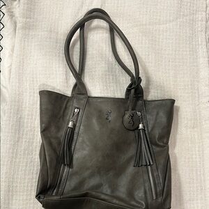 Dark Gray Pebbled Leather Tote with Decorative Tassels and Sturdy Handles